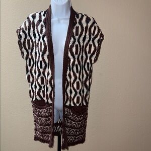 Knitted & Knotted Anthropologie Brown Black Cream Short Sleeve Open Sweater M
